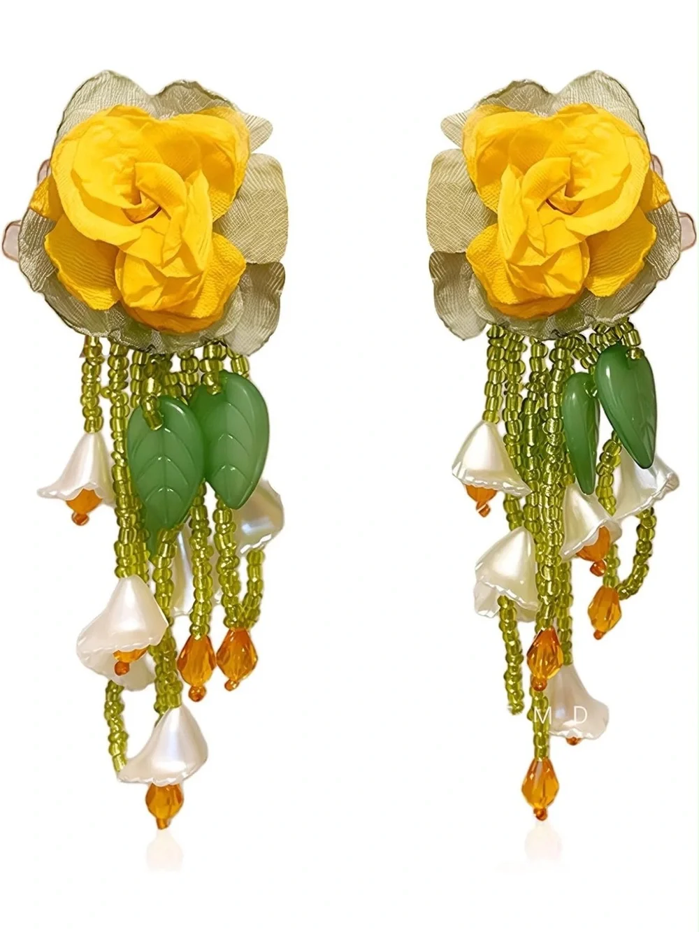 Yellow Flower Drop Earrings with Green Leaf Beads